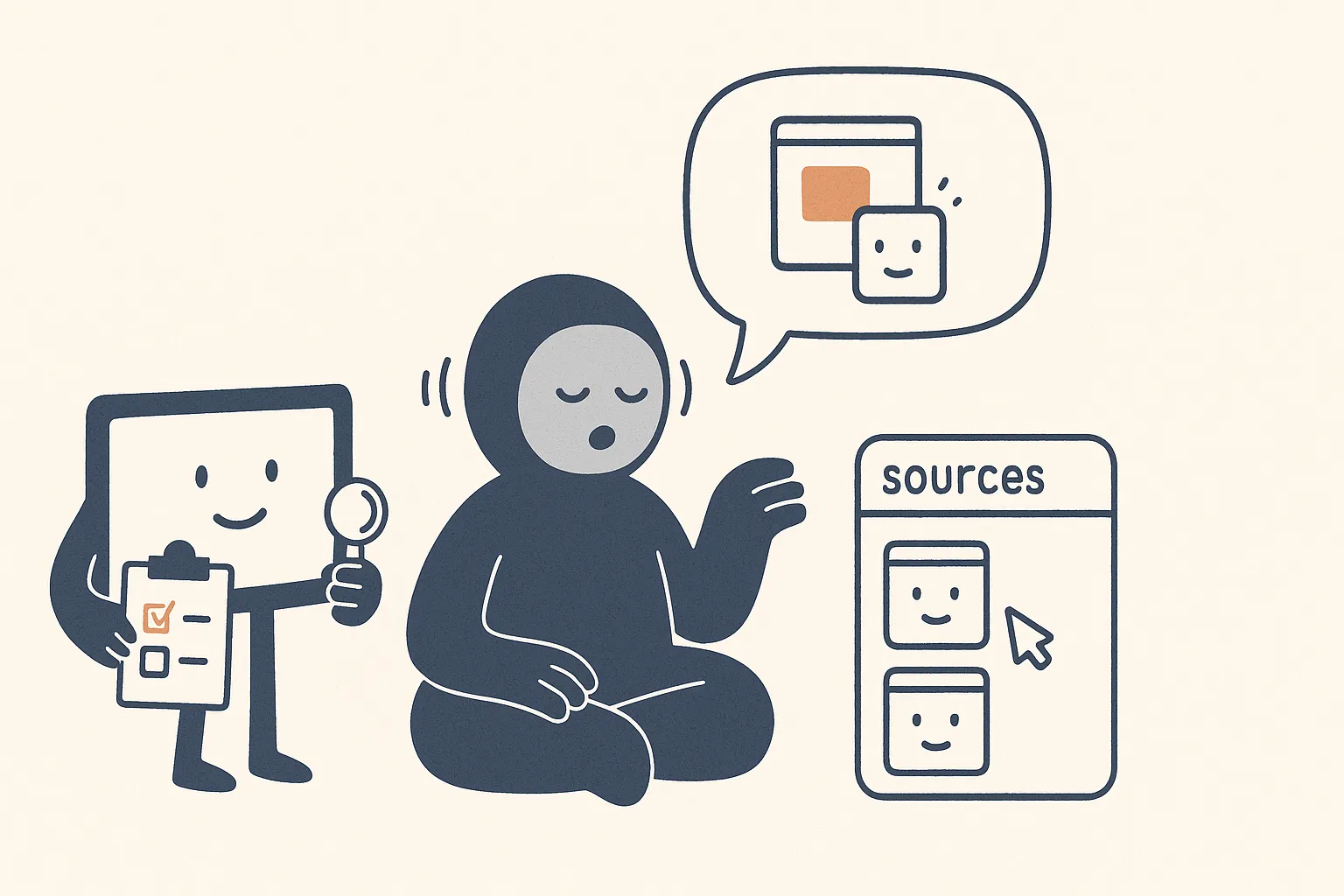 A friendly monitoring character holds a clipboard watching a calm AI-answer character read aloud, checking off whether a small brand character's name is spoken or merely listed in the sources below.