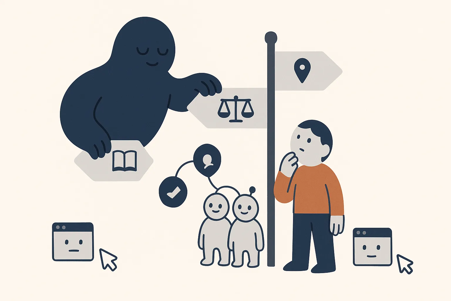 Four web-page characters line up at a signpost with four arrows labeled learn, find, compare, and buy; a searcher character is matched to the compare path while a calm AI-Overview character hovers over the learn path, absorbing it.