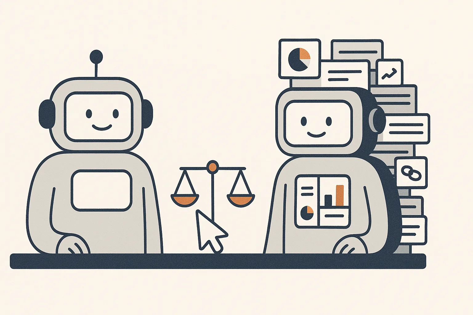 Two friendly SEO-tool robot characters stand side by side at a workbench, one labeled with a simple smiley dashboard and the other surrounded by a deeper stack of data cards and backlink charts, while a small cursor character weighs a scale between them.