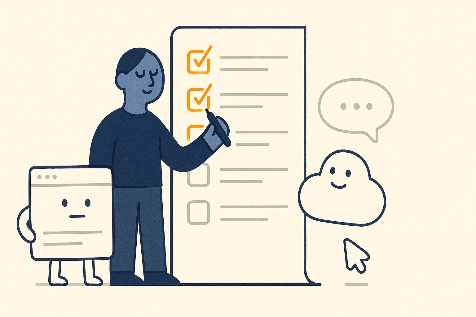 A calm navy SEO strategist character works down a tall paper checklist beside a small website character, ticking a few glowing amber items near the top while a friendly AI-answer speech bubble looks on.