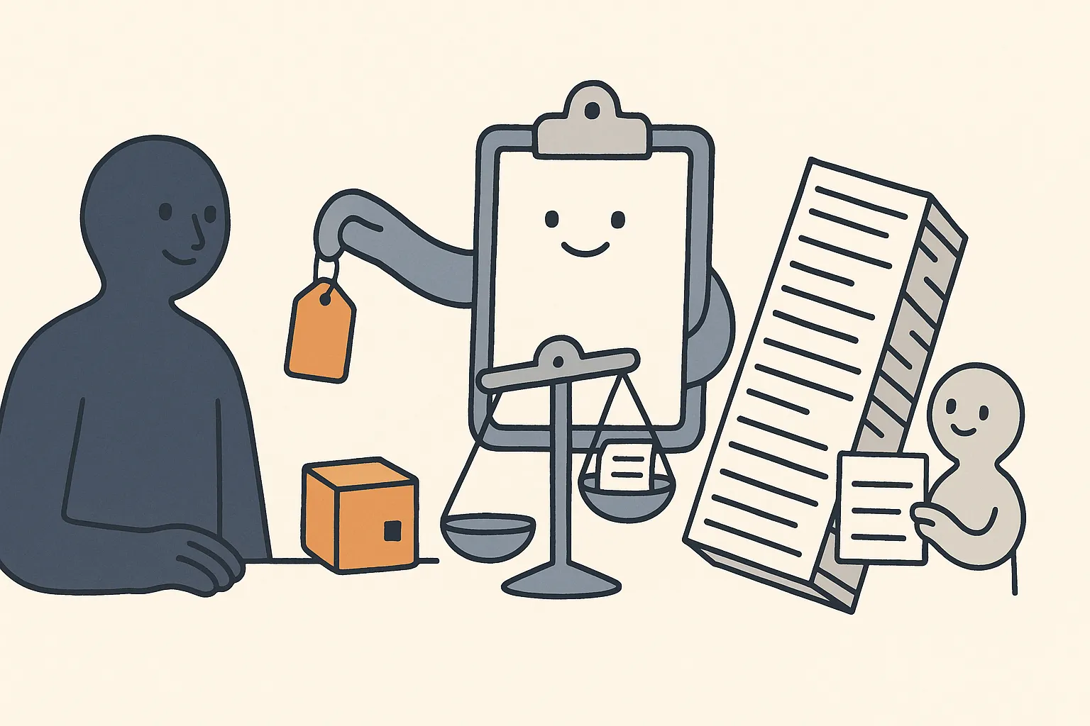 A calm navy buyer character holds a price tag up to a friendly clipboard-audit character, comparing a small tidy amber fixed-price box against a much larger stack of agency invoices, while a tiny free-scan character offers a blank scorecard off to the side.