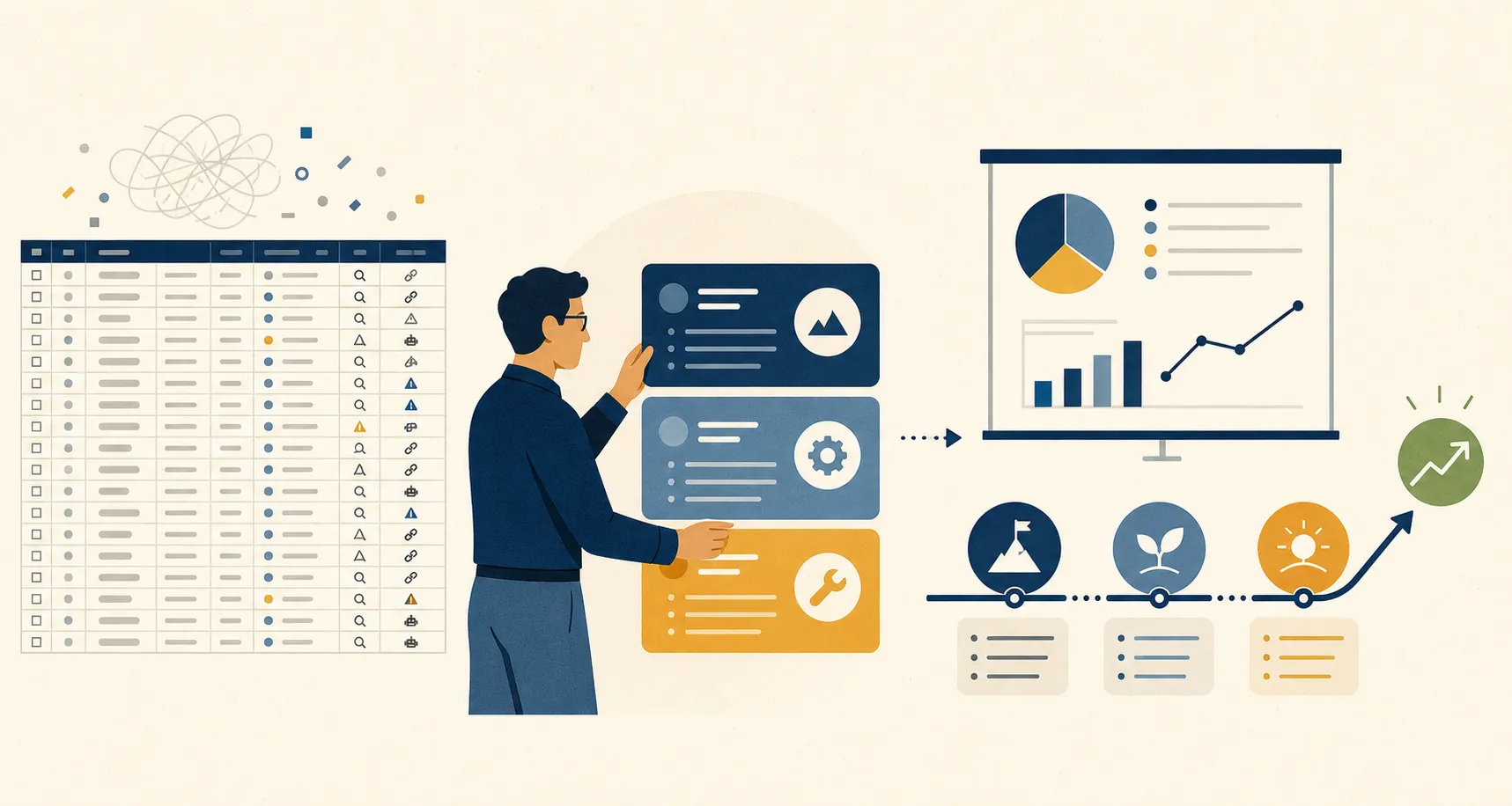 An SEO strategist turns a dense audit spreadsheet into three prioritized action cards, an executive presentation, and a 30/60/90-day roadmap.