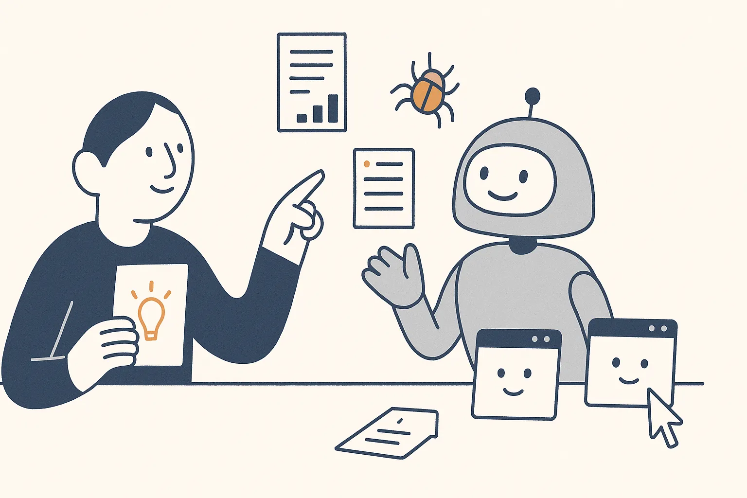A calm person character sits at a desk directing a friendly Claude-style AI assistant that juggles the repetitive tasks (a stack of audit pages, a chart, a crawl spider, a keyword list), while the person keeps one task for themselves: a page marked with a small lightbulb, the original thinking.