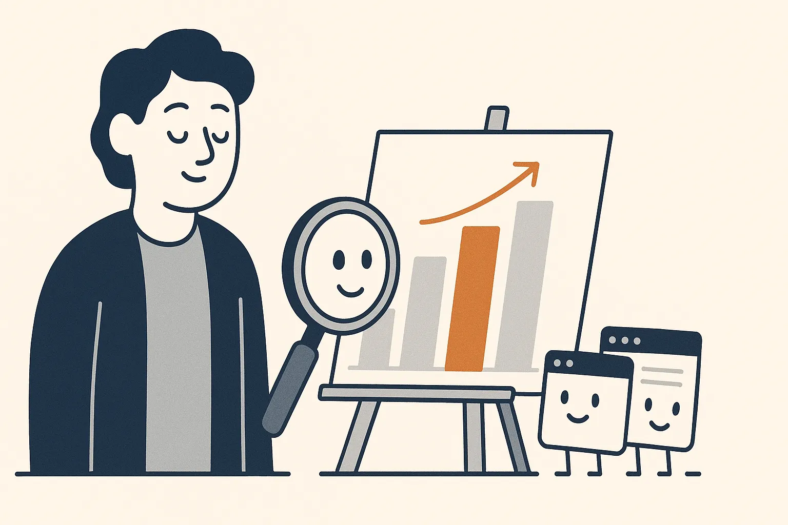 A calm analyst character presents a chart where a tall glowing pipeline bar stands in front of faded, shorter traffic-vanity bars, while a small magnifying-glass character inspects the numbers.