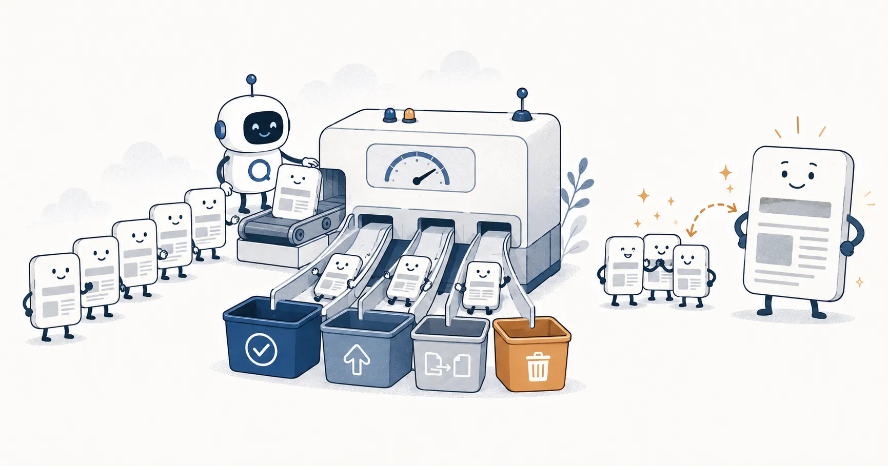 A friendly robot feeds little web-page characters into a scoring machine that sorts them down four chutes into bins marked keep, improve, consolidate, and delete, while several near-identical pages merge into one strong page.