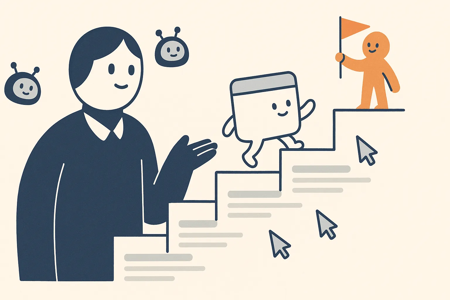 A friendly SaaS app character climbs a rising search-results staircase toward a little buyer character holding a flag, while a calm AI-answer character points the way.