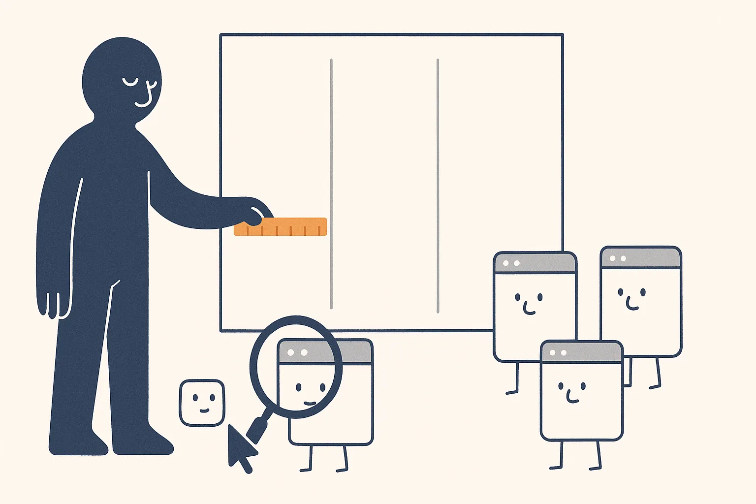 A calm navy planner character lays an amber measuring tape across the first of three empty columns on a wall board, while web-page characters wait in line and one is inspected under a magnifying glass.