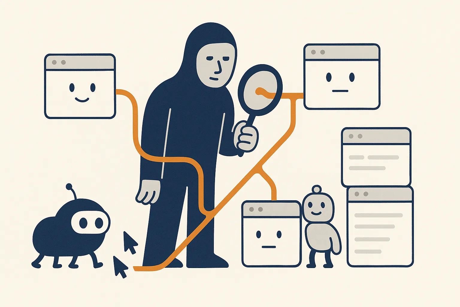 A crawler follows a clear route through connected web pages toward an orderly search index while a strategist inspects one branching detour.