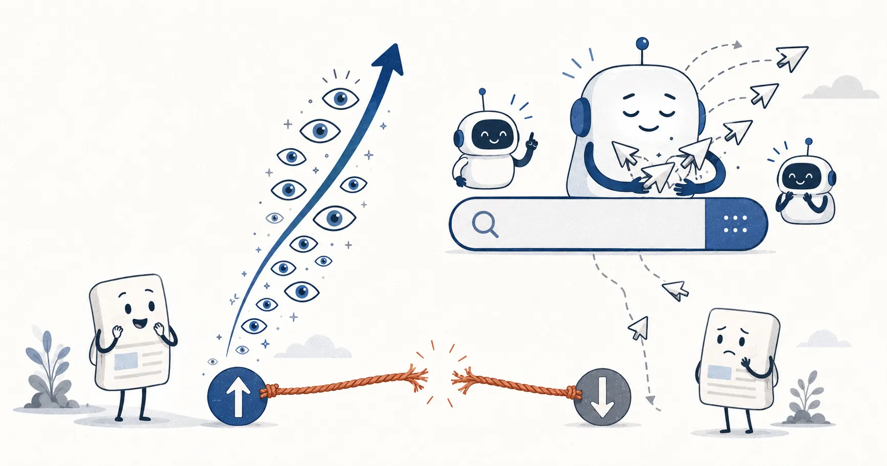 A web-page character's impressions soar up an arrow while a calm AI Overview character absorbs the click cursors before they reach the page, and the rope between the up and down arrows snaps.