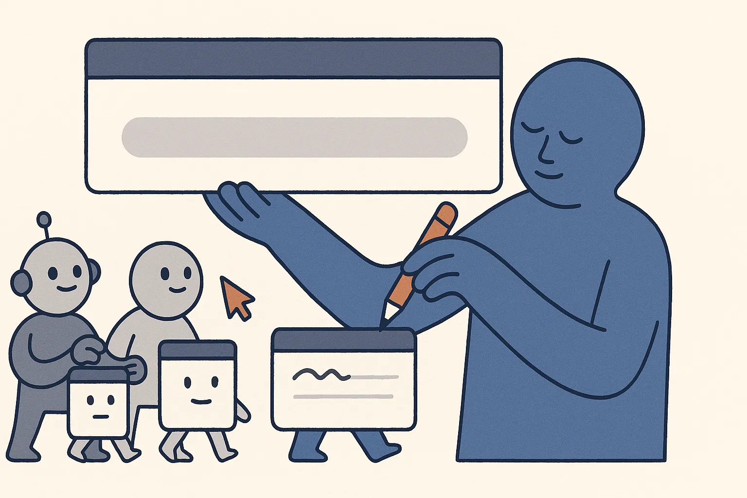 A search-results listing character with a bold load-bearing title bar held up high and a smaller description line below that a calm AI-Overview character is quietly rewriting with an eraser; the title is clearly the structural, important part.