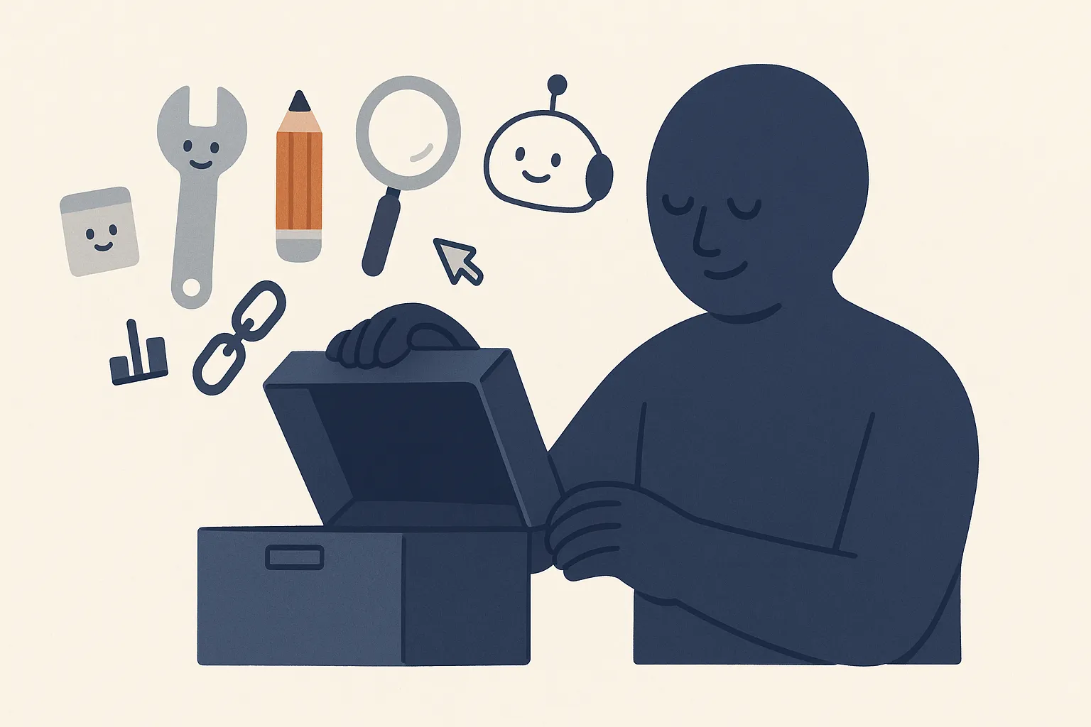 A calm navy character opens a large toolbox as small friendly tool characters float up from it: a wrench, a pencil, a chain link, a magnifying glass, a bar chart, and a little AI-assistant bot, each standing for a different SEO service.