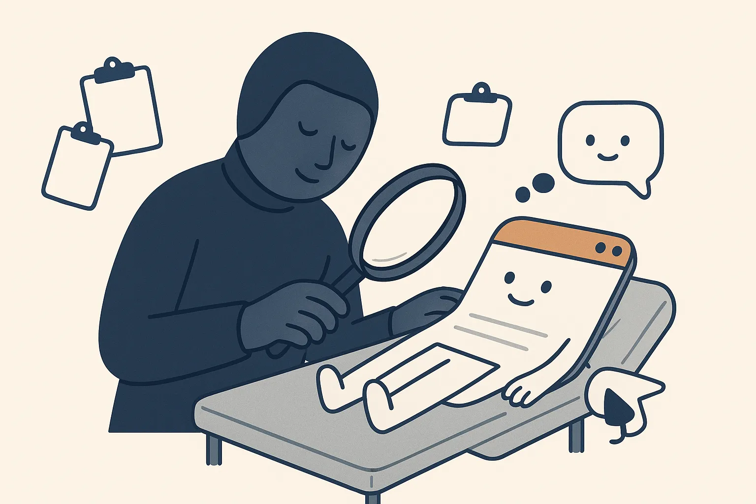 A calm navy SEO strategist character examines a small website character on an exam table with a magnifying glass, blank clipboards and a friendly AI-answer speech bubble nearby.