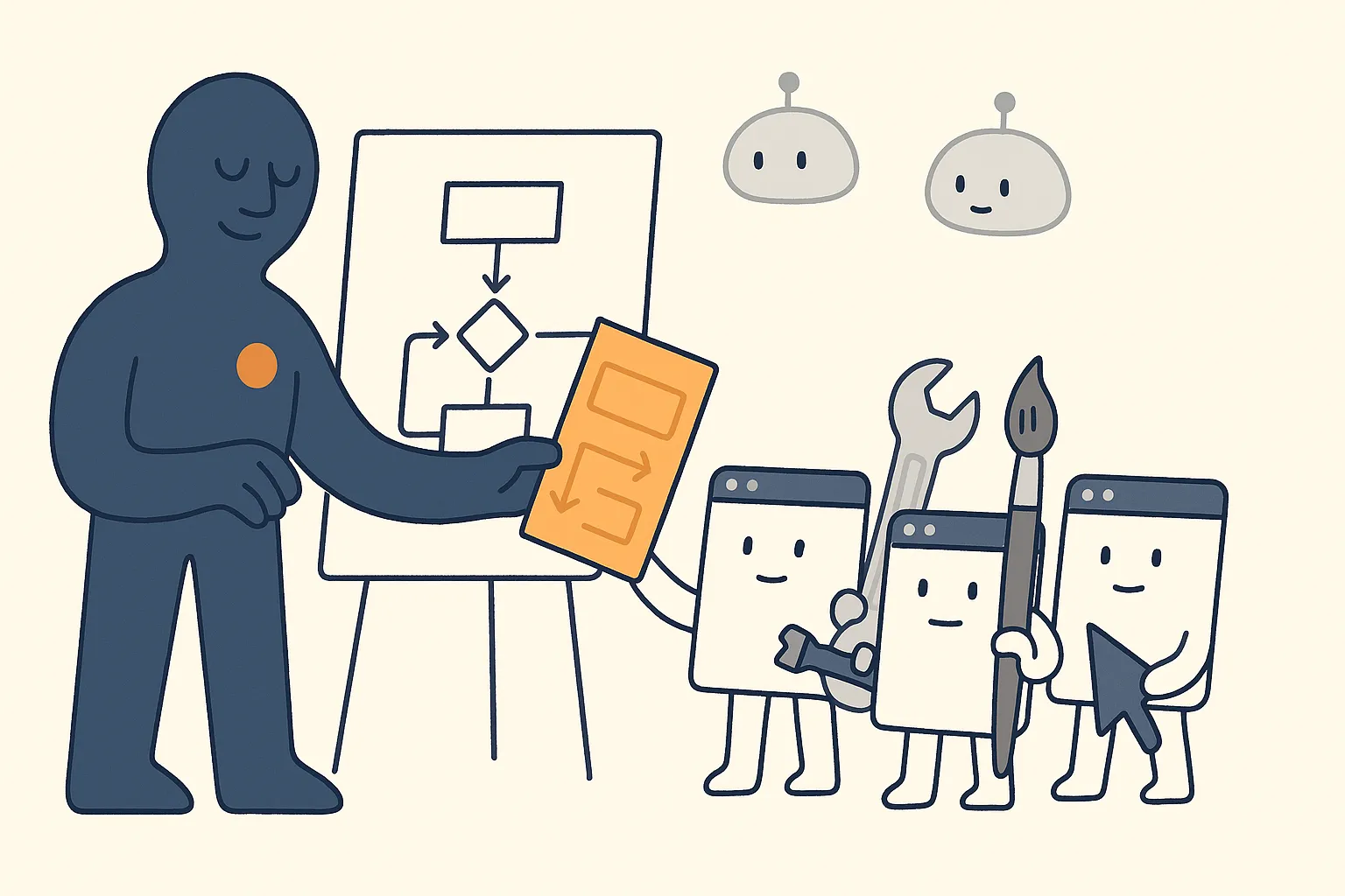A navy strategist character hands an amber blueprint card from a flowchart whiteboard to a team of web-page characters holding a wrench, a paintbrush, and a cursor, while two AI assistant bots watch.