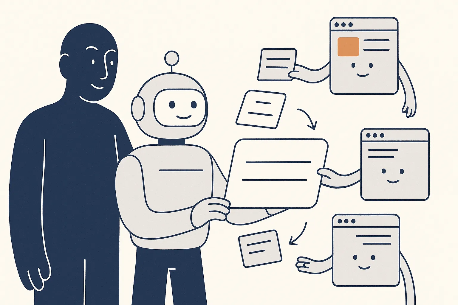 Three web-page characters hand small source cards to a friendly AI assistant bot, which holds one combined answer card, while a calm navy guide character stands beside it.