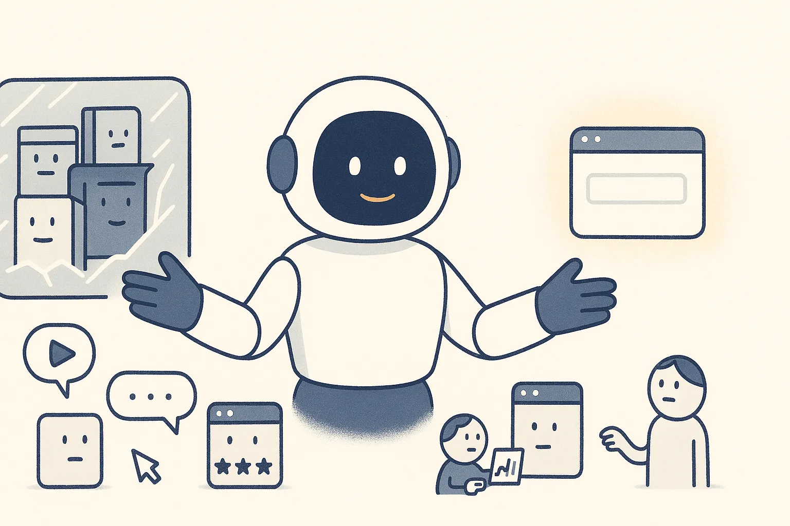 A friendly AI-assistant robot character stands in the centre with arms spread: to its left, a frozen archive of little book and web-page characters sealed behind ice (its training memory); to its right, a live web-search window. A small group of source characters — a video-play bubble, a chat bubble, a review-stars card, and an analyst holding a tiny chart — offer it facts, while one lone website-page character waits at the far edge, barely getting a word in.