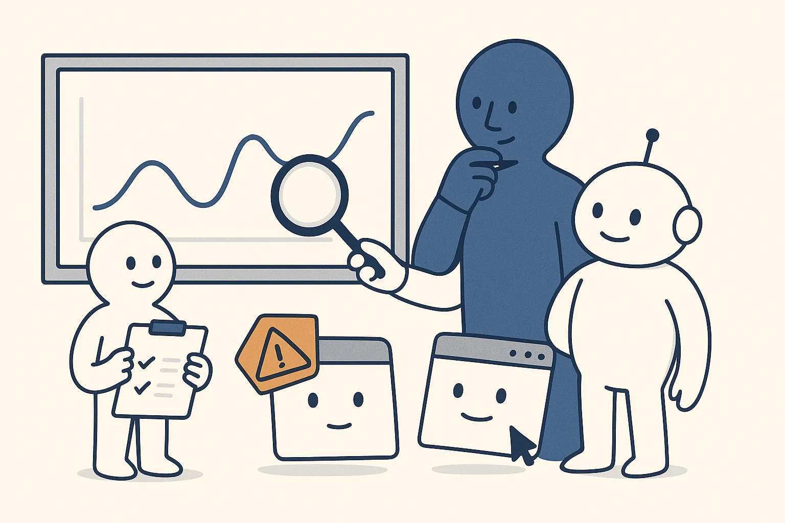 A calm navy site-owner character studies a line chart on a Search Console screen where one line dips; a friendly AI-assistant bot points to a magnifying glass over the dip, while a small Google character holds a checklist and one little web-page character wears a tiny noindex tag.