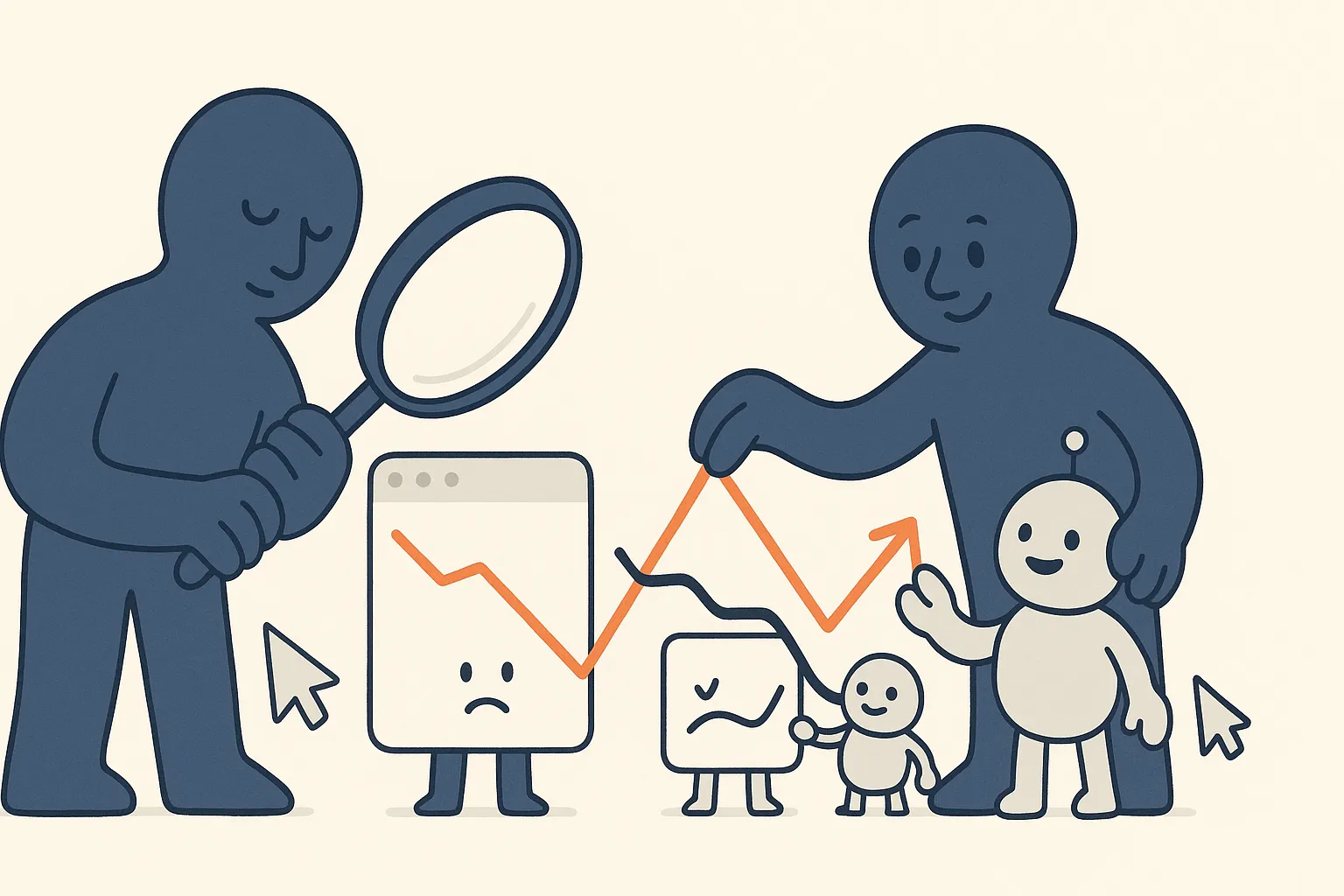 A calm navy character holds a magnifying glass over a line chart that dips downward, while a friendly Google character gestures at two smaller lines beside it, one still rising and one falling, showing that the single dropping line hides two different stories.