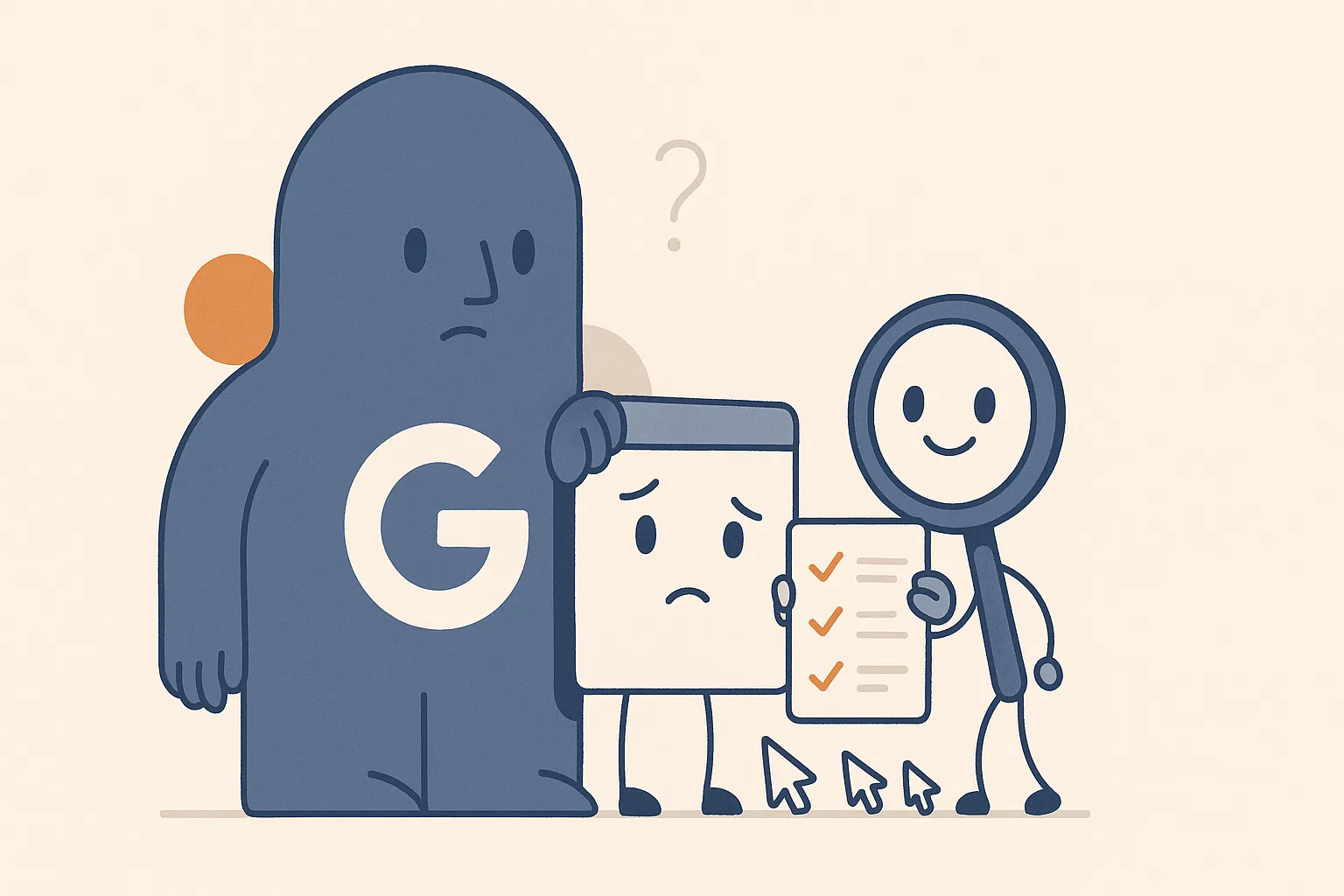 A worried little web-page character peers around a corner at a calm Google character, while a small magnifying-glass character holds up a three-step checklist to diagnose the problem.