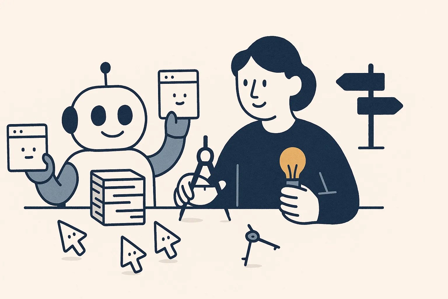 A calm SEO person character and a friendly AI-assistant robot work side by side at one desk, the robot handling a stack of repetitive tasks while the person holds a compass and a lightbulb; a small forked signpost in the background points to two future paths.