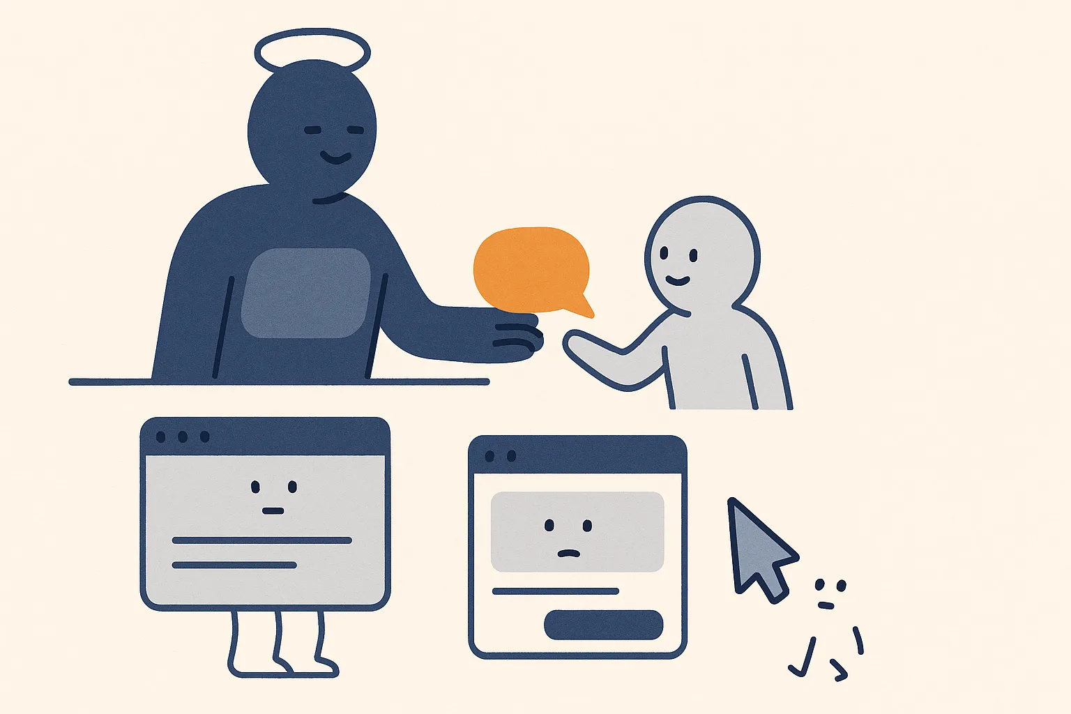 A calm AI Overview character hands a searcher the answer directly on the results page while a little web-page character waits below, unclicked, and a tiny cursor turns back toward a demo form.